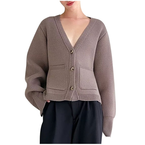 Cropped Cardigan for Women Fall Winter Casual Knit V Neck Button Down Sweater Jackets Knitted Tops Gray L