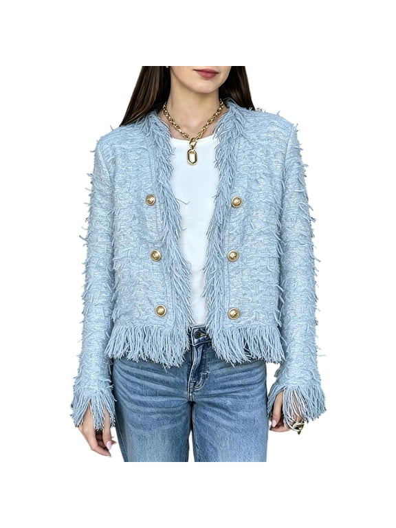 Cropped Cardigan for Women Trendy Faux Fur Long Sleeve Coats Button Fall Fashion Travel Dating Work Jackets Light Blue S