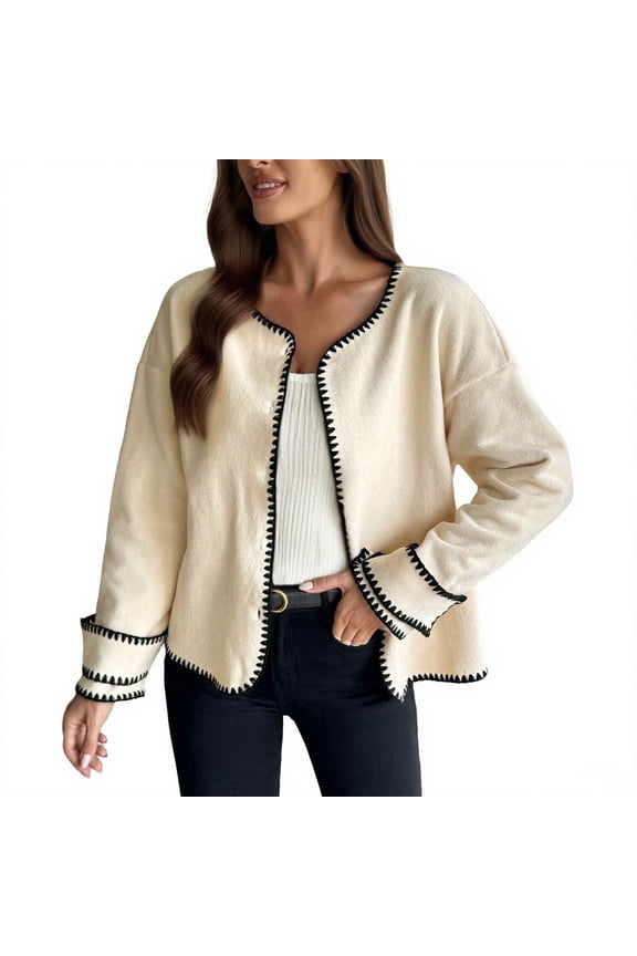 Cropped Cardigans Sweaters for Women Polar Fleece Jackets Light Color Crew Neck Coat Fall Dressy Casual Long Sleeve Button Down Outerwear Fall Clothies