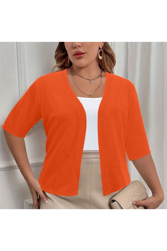 Cropped Cardigans for Women Plus Size XL-5X Lightweight 3/4 Sleeve Open Front Jackets Ladies Casual Solid Color Shrugs Cardigan Fall