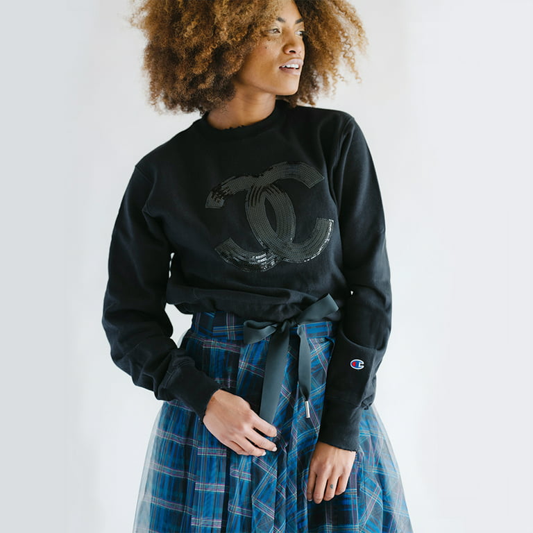 Cropped Champion Sweatshirt with Chanel Sequin Patchwork and Drawstring Hem  with Bow 