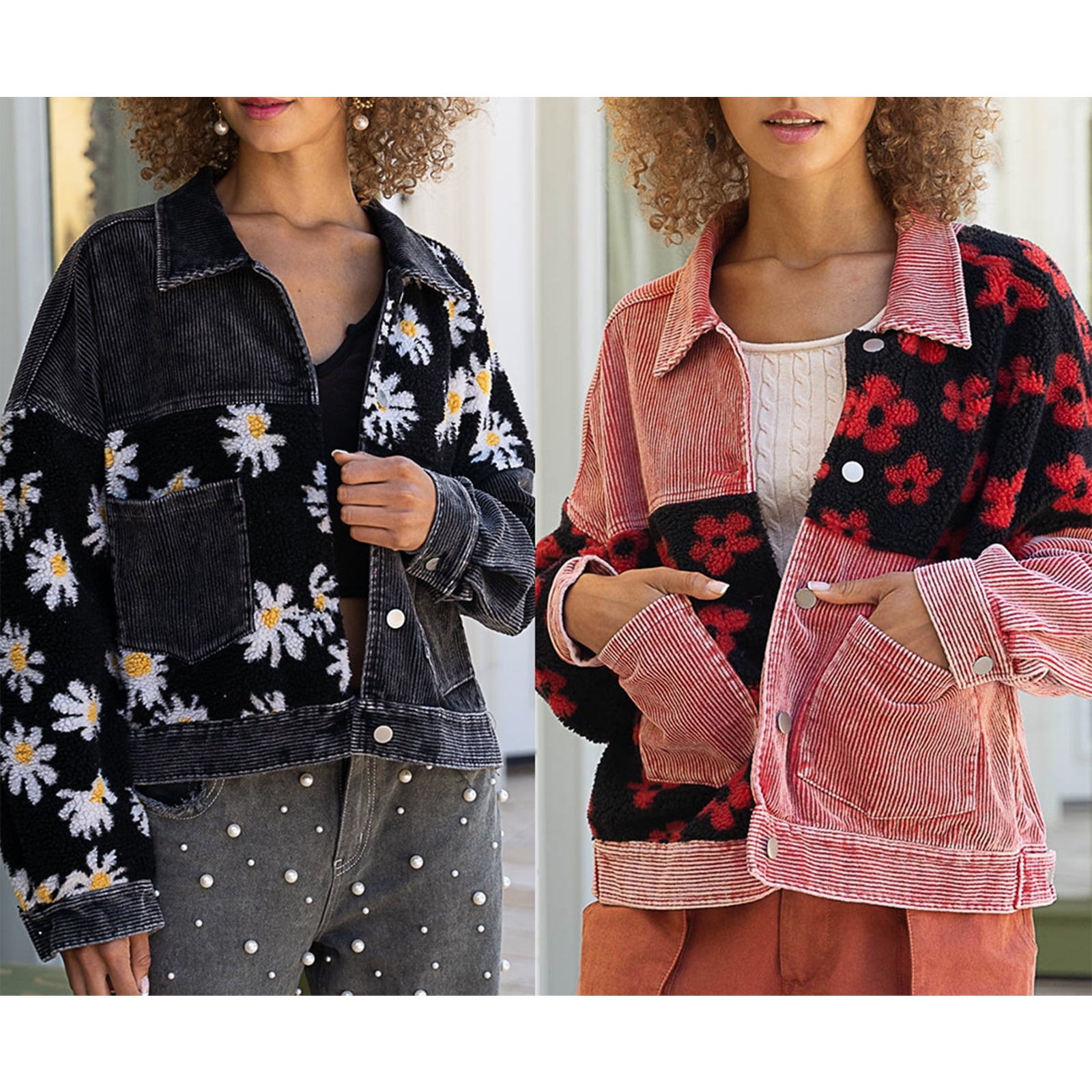 Cropped Corduroy Jacket Women Button Down Sunflower Printed Long Sleeve