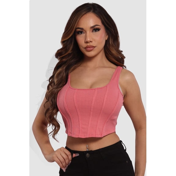 Cropped Corset Seam Tank Tops - Rose