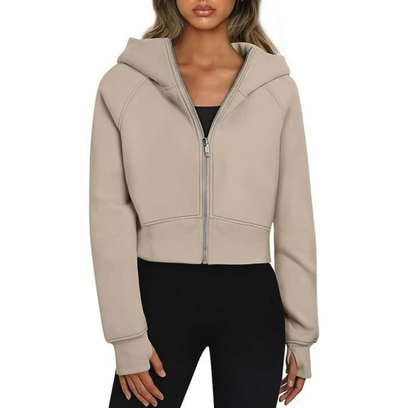 Cropped Cotton Hood Jackets with Thumb Holes Casual Sports Zip-up Hooded Sweatshirts for Womens Fall Fashion Outwear (Small, Khaki)