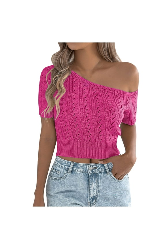 Cropped Crochet Tops for Women off Shoulder Knit Tops Short Sleeve Pullover Summer Sweater Plus Size ,XL