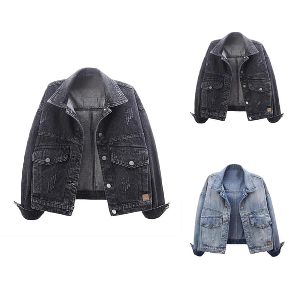 Cropped Denim Jacket for Women 2025 Fall Long Sleeve Button Down Lapel Collar Casual Jean Jackets Outerwear