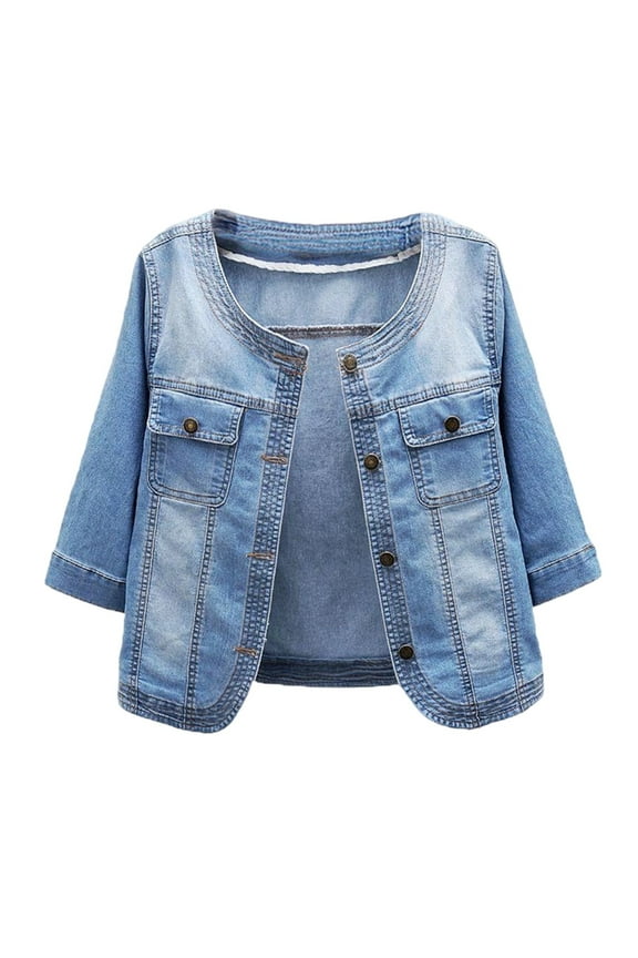 Cropped Denim Jacket for Women 2025 Half Sleeve Button Down Crewneck Stretchy Casual Jean Jackets Outerwear
