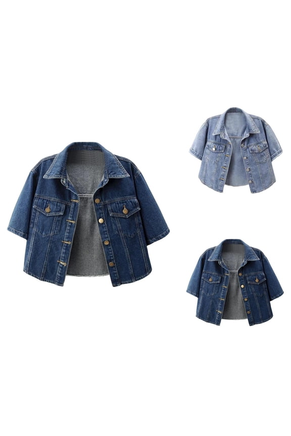 Cropped Denim Jacket for Women 2025 Short Sleeve Button Down Lapel Collar Casual Jean Jackets Outerwear