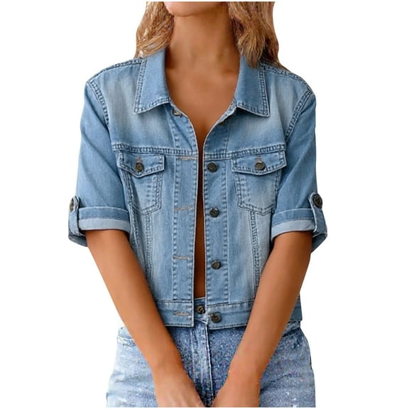 Cropped Denim Jacket for Women Half Sleeve Casual Jean Jackets Wash Distressed Trucker Coats