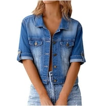 Cropped Denim Jacket for Women Half Sleeve Casual Jean Jackets Wash Distressed Trucker Coats
