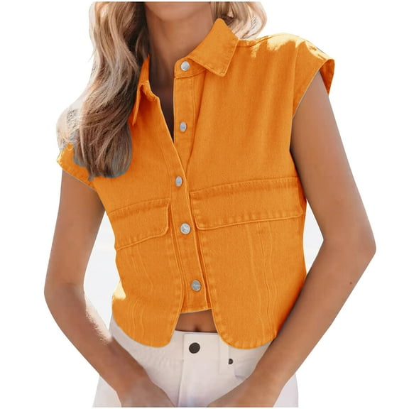 Cropped Denim Vest Womens Sleeveless Jean Shirts Jackets Button Front Collared Casual Coat Outerwear Orange, L