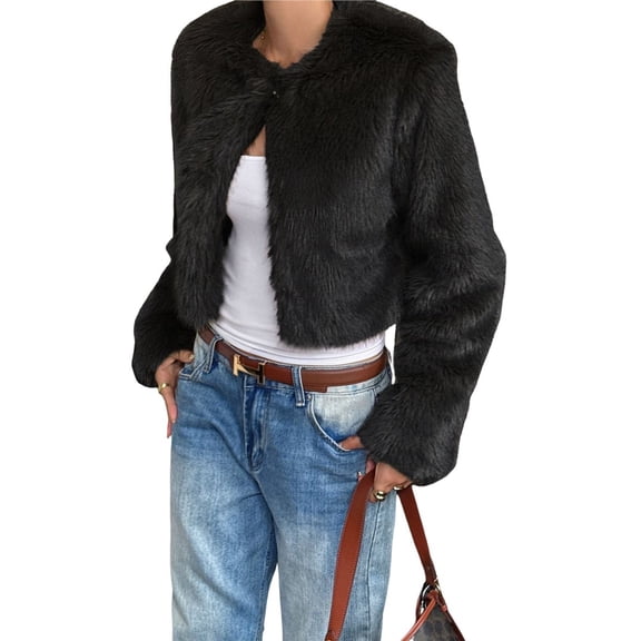 Cropped Faux Fur Jacket Long Sleeve Open Front Cardigan Casual Parka Short Coat Black S