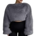 thumbnail image 1 of Cropped Faux Fur Jacket for Women Boat Neck Long Sleeve Jackets Fluffy Winter Outwear for Evening Dresses Gray M, 1 of 6