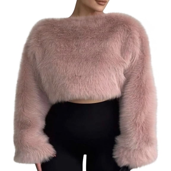 Cropped Faux Fur Jacket for Women Boat Neck Long Sleeve Jackets Fluffy Winter Outwear for Evening Dresses Pink L