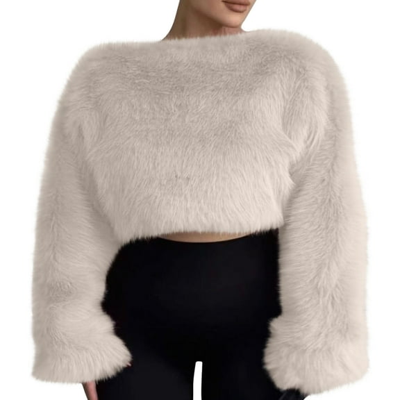 Cropped Faux Fur Jacket for Women Boat Neck Long Sleeve Jackets Fluffy Winter Outwear for Evening Dresses White L