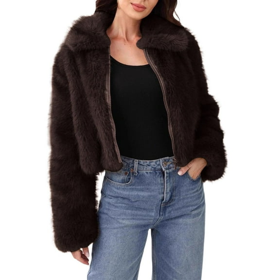 Cropped Faux Fur Jacket for Women Long Sleeve Zip Up Lapel Coats Shaggy Warm Outerwear Fall Clothes Coffee L