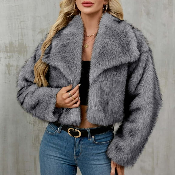 Cropped Faux Fur Jackets for Women Winter Fashion Lapel Long Sleeve Jacket Trendy Open Front Long Sleeve Coats Casual Travel Outwear