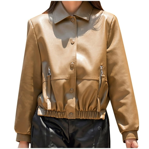 Cropped Faux Leather Jacket for Women Button Down Cool Motorcycle Short Jacket Long Sleeve Casual Crop Outwear (4X-Large, Khaki)