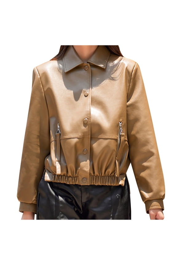 Cropped Faux Leather Jacket for Women Button Down Cool Motorcycle Short Jacket Long Sleeve Casual Crop Outwear (Large, Khaki)