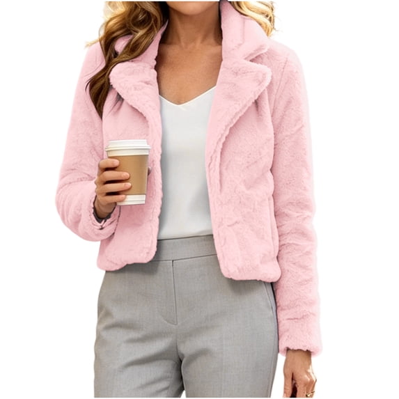 Cropped Faxu Fur Jacket for Women Solid Color Turndown Collar Winter Soft Warm Plush Outwear XS