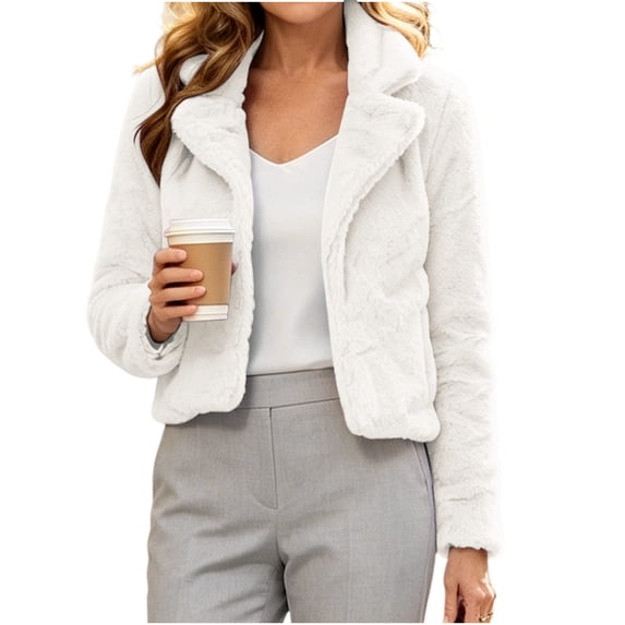 Cropped Faxu Fur Jacket for Women Solid Color Turndown Collar Winter Soft Warm Plush Outwear XS
