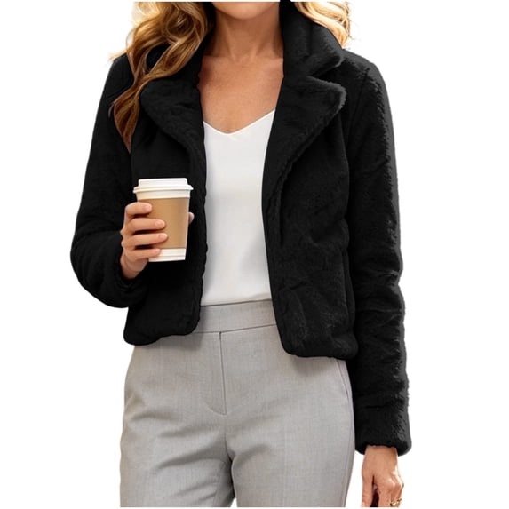 Cropped Faxu Fur Jacket for Women Solid Color Turndown Collar Winter Soft Warm Plush Outwear XS