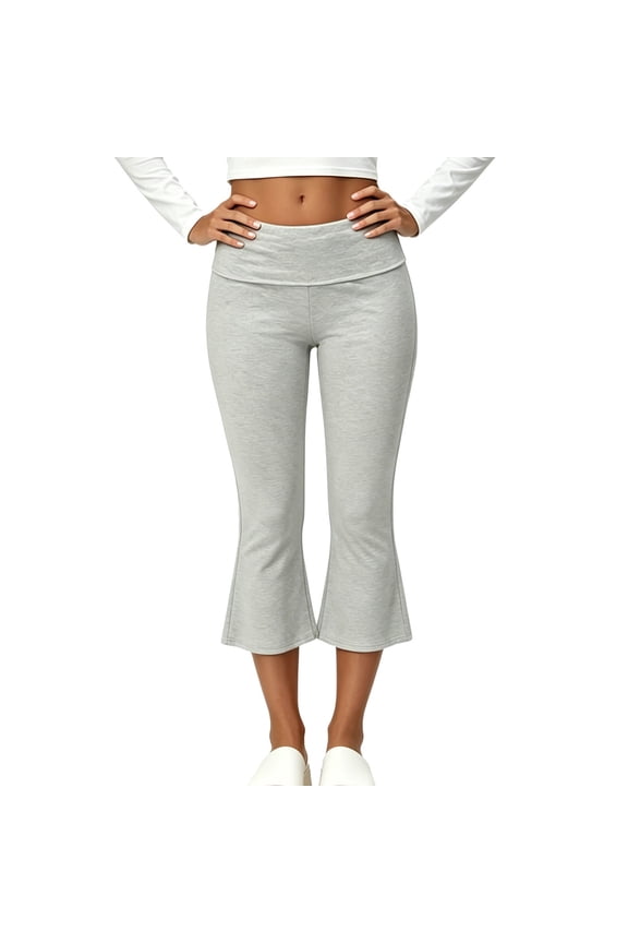 Cropped Flare Pants for Women Trendy Slimming Trouser Foldover Waist Soft Casual Capri Pants Gray S