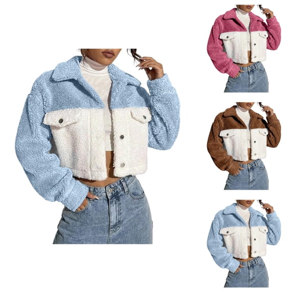 Cropped Jacket Women Long Sleeve Button Down Collared Color Block Casual Fuzzy Jackets Winter Coats Cardigan Outerwear