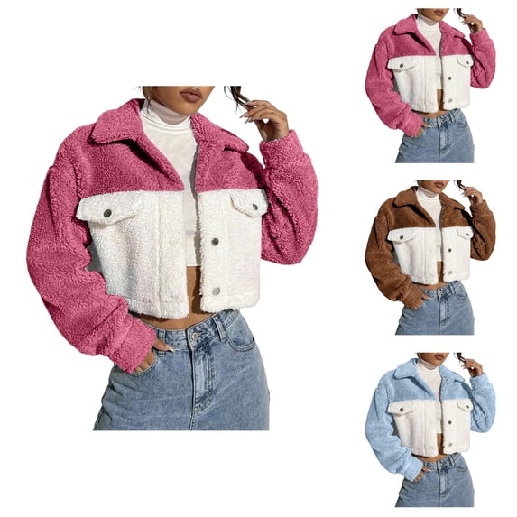 Cropped Jacket Women Long Sleeve Button Down Collared Color Block Casual Fuzzy Jackets Winter Coats Cardigan Outerwear