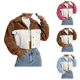 thumbnail image 1 of Cropped Jacket Women Long Sleeve Button Down Collared Color Block Casual Fuzzy Jackets Winter Coats Cardigan Outerwear, 1 of 7