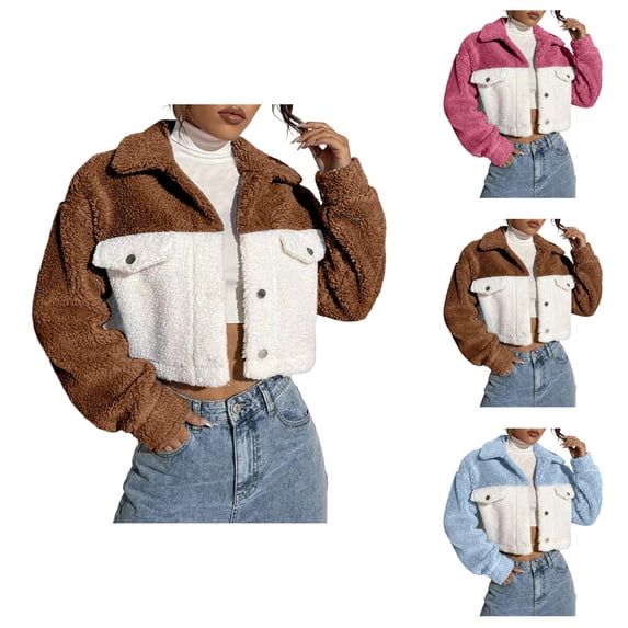 Cropped Jacket Women Long Sleeve Button Down Collared Color Block Casual Fuzzy Jackets Winter Coats Cardigan Outerwear