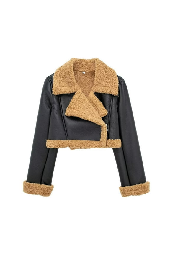 Cropped Fleece Jackets for Women Winter Faux Leather Short Coat Top Warm Long Sleeve Lapel Collar Outerwear (Black XS)