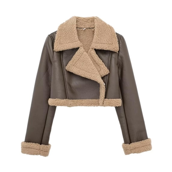 Cropped Fleece Jackets for Women Winter Faux Leather Short Coat Top Warm Long Sleeve Lapel Collar Outerwear (Coffee S)
