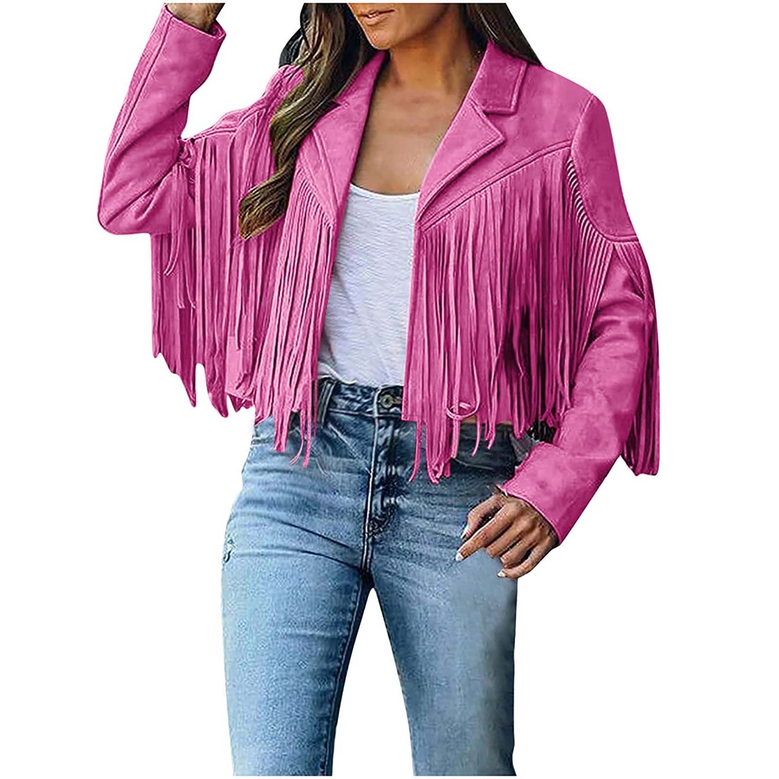 Cropped Fringe Coat For Women Cowgirl Faux Suede Short Jacket Notch Lapel  Collar Long Sleeve S-XXL Tassels Outwear (X-Large, Pink A) 
