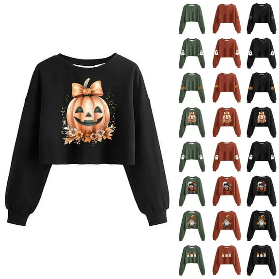 Cropped Halloween Sweatshirts for Women 2025 Long Sleeve Crewneck Spooky Cute Graphic Sweatshirt Pullover Tops