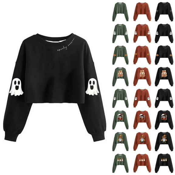 Cropped Halloween Sweatshirts for Women 2025 Long Sleeve Crewneck Spooky Cute Graphic Sweatshirt Pullover Tops