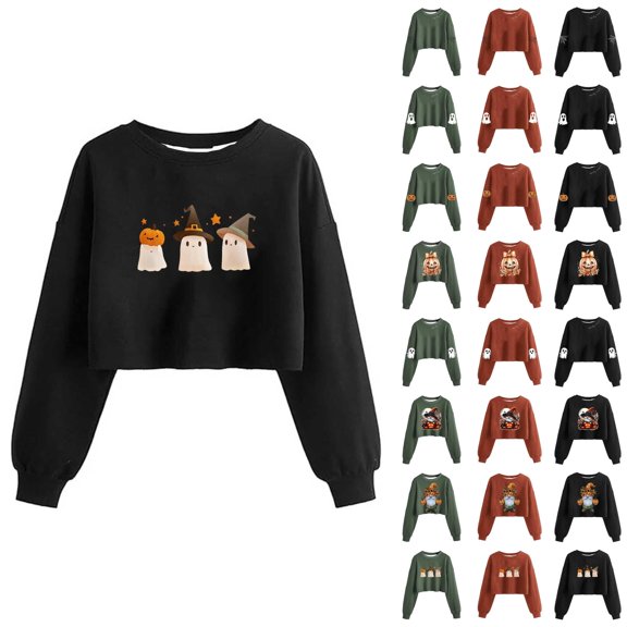 Cropped Halloween Sweatshirts for Women 2025 Long Sleeve Crewneck Spooky Cute Graphic Sweatshirt Pullover Tops