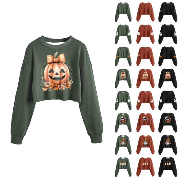 Cropped Halloween Sweatshirts for Women 2025 Long Sleeve Crewneck Spooky Cute Graphic Sweatshirt Pullover Tops