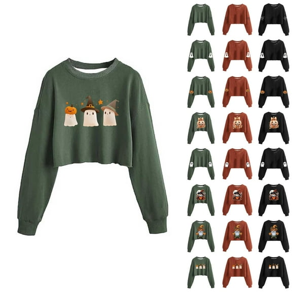 Cropped Halloween Sweatshirts for Women 2025 Long Sleeve Crewneck Spooky Cute Graphic Sweatshirt Pullover Tops