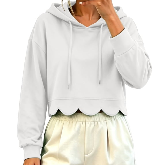 Cropped Hoodie Women Casual Elegant Cute Scalloped Hem Crop Sweatshirts Long Sleeve Drawstring Pullover 2026 Fall Soft Lightweight Hooded Tops Daily Travel Outfits, White 2XL