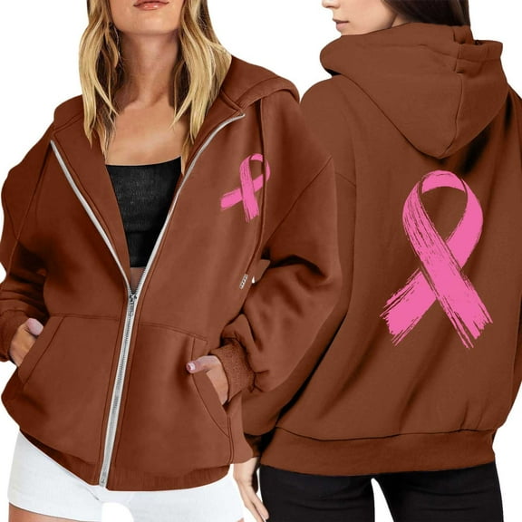 Cropped Hoodie Women Y2K Zip Up Hoodie Oversized Fit for Teen Girls Women's Zip Up Hoodie Pullover Cancer Awareness Month Long Sleeve Pocket Drawstring Casual Sweatshirt For Everyday Wear