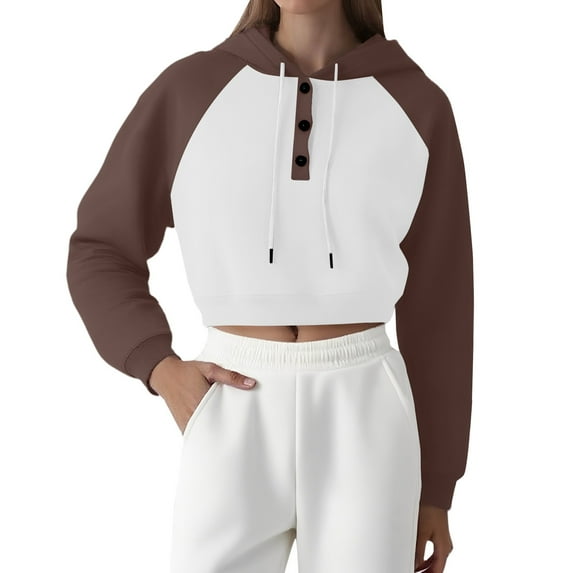 Cropped Hoodie Women, Yigetop Womens Oversized Solid Color Sweatshirts Pullover Lapel Women's Loose Casual Hoodie Short Sweatshirts Crop Sweatshirts for Women Brown M
