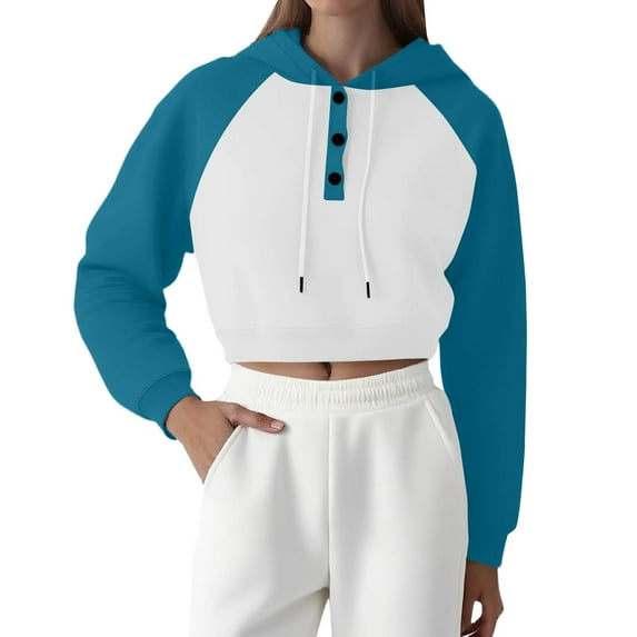 Cropped Hoodie Women, Yigetop Womens Oversized Solid Color Sweatshirts Pullover Lapel Women's Loose Casual Hoodie Short Sweatshirts Crop Sweatshirts for Women Blue 2XL