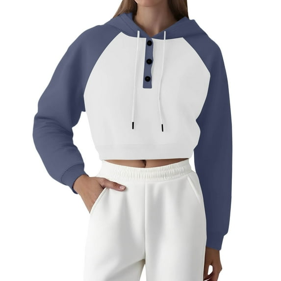 Cropped Hoodie Women, Yigetop Womens Oversized Solid Color Sweatshirts Pullover Lapel Women's Loose Casual Hoodie Short Sweatshirts Crop Sweatshirts for Women Navy L