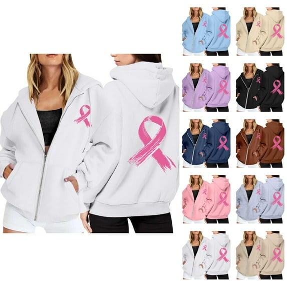 Cropped Hoodie Womens Sweatshirt Oversized Lightweight Zip Up Women Women's Pullover Cancer Awareness Month Long Sleeve Pocket Drawstring Casual For Everyday Wear