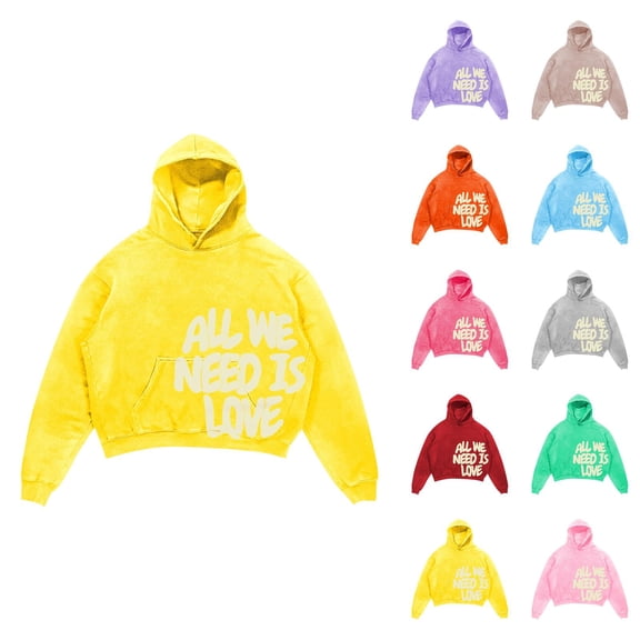 Cropped Hoodies for Men 2025 All We Need Is Love Anime Y2K Harajuku Hooded Sweatshirt with Pockets Pullover Hoody