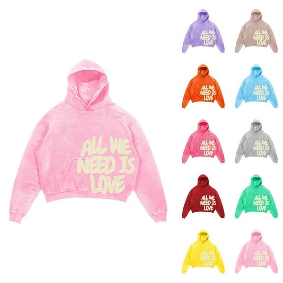 Cropped Hoodies for Men 2025 All We Need Is Love Anime Y2K Harajuku Hooded Sweatshirt with Pockets Pullover Hoody