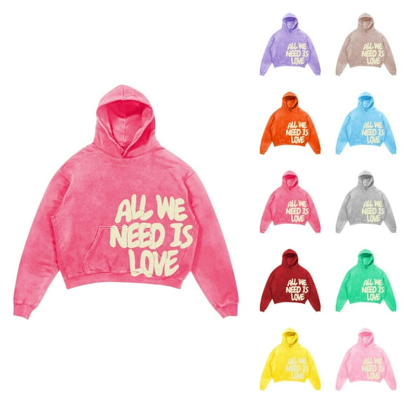 Cropped Hoodies for Men 2025 All We Need Is Love Anime Y2K Harajuku Hooded Sweatshirt with Pockets Pullover Hoody