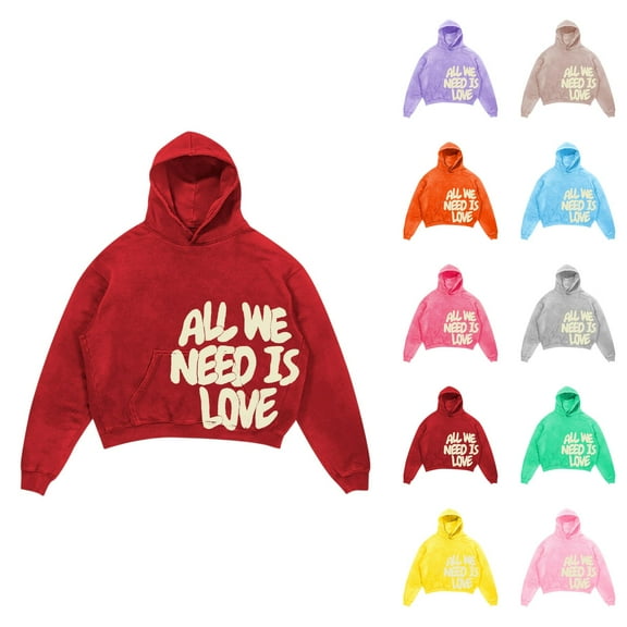 Cropped Hoodies for Men 2025 All We Need Is Love Anime Y2K Harajuku Hooded Sweatshirt with Pockets Pullover Hoody