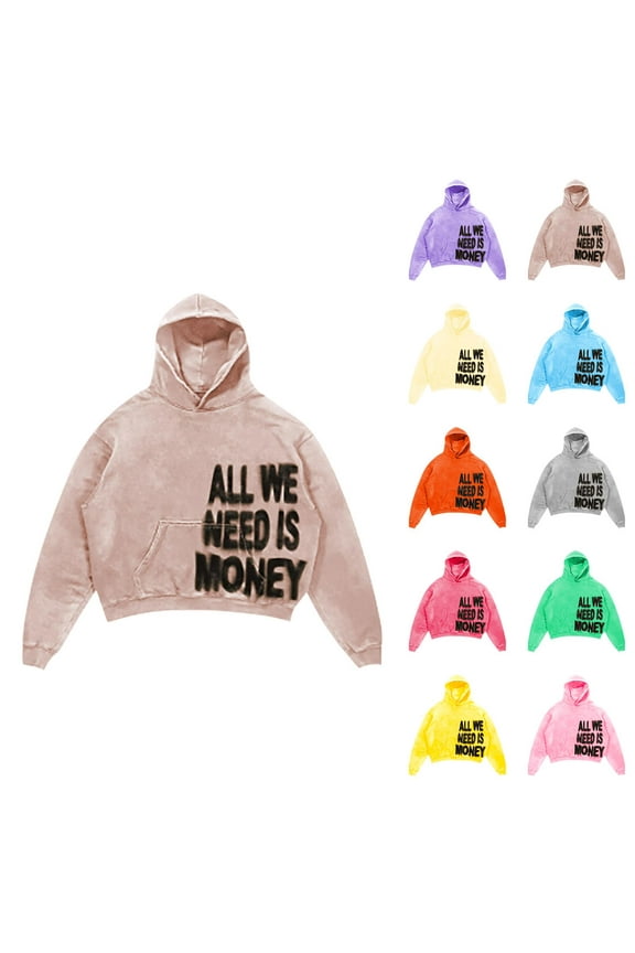Cropped Hoodies for Men 2025 All We Need Is Money Anime Y3K Harajuku Hooded Sweatshirt with Pockets Pullover Hoody